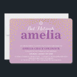 GLAMOROUS BAT MITZVAH Rustic guld konetti lila Inbjudningar<br><div class="desc">Obs! Den blanka guld-effekten är en utskriven bildEn söt konfetti, polka pridedesign med guld-folie som söker efter ditt barns BAT MITZVAH INVITATIONER. Wow dina vänner och din familj med detta lilla nummer;D-format som mall är det enkelt att lägga till egna uppgifter, lägga till ditt foto eller slått anpassa knappen och...</div>