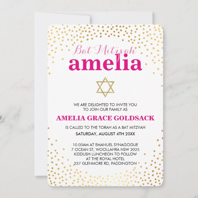 GLAMOROUS BAT MITZVAH Rustic guld konetti rosa Inbjudningar (Framsida)