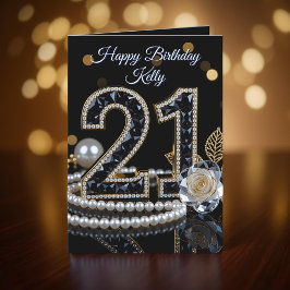 Glamorous Black Gemstone White Rose 21st Birthday Kort