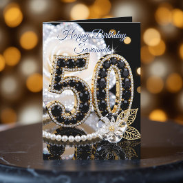 Glamorous Black Gemstone White Rose 50th Birthday Kort