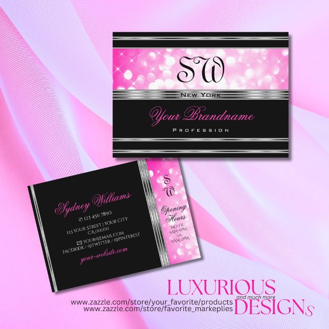 Glamorous Black Girly Pink Glitter Initials Silver Visitkort (Skapare uppladdad)