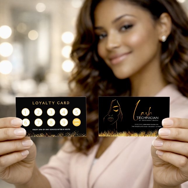 Glamorous Black & Gold Lash Tech Loyalty Card Lojalitetskort (Skapare uppladdad)
