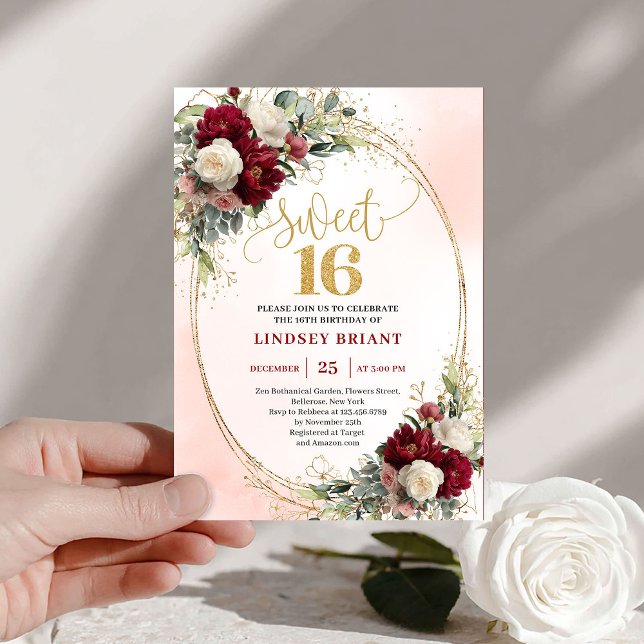 Glamorous Boho Burgundy Gold Floral Sweet Sixteen Inbjudningar (Glamorous Boho Burgundy Gold Floral Sweet Sixteen)