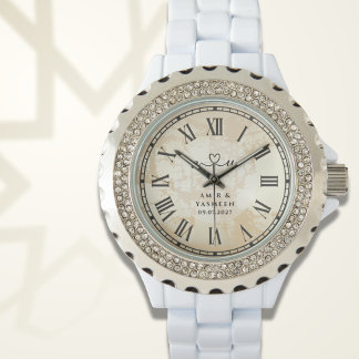 Glamorous Bridal White Enamel & Rhinestone Watch Armbandsur