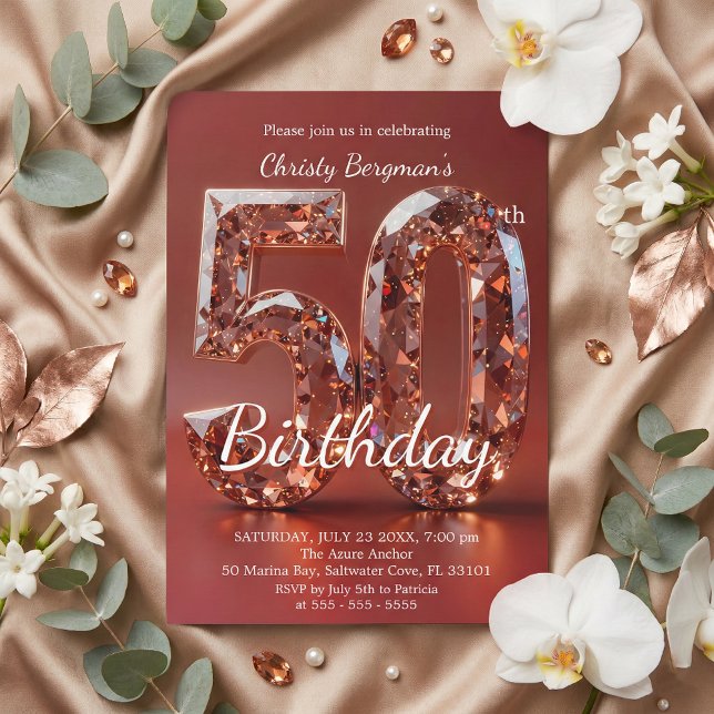 Glamorous Burgundy Red Diamond 50th Birthday Inbjudningar (Skapare uppladdad)
