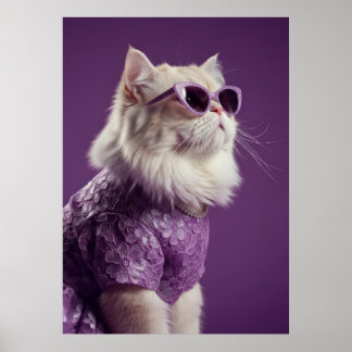 Glamorous Cat in Purple Lace Dress Poster
