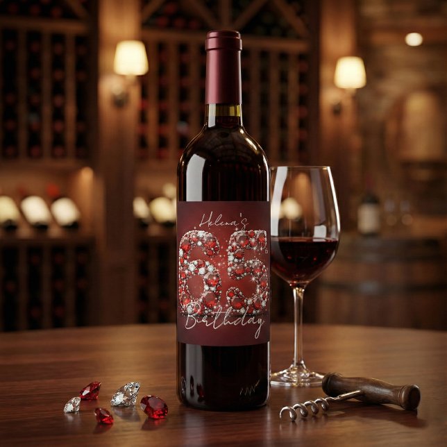 Glamorous Elegant Ruby Red Diamonds 65th Birthday Vinflaska Etikett (Skapare uppladdad)