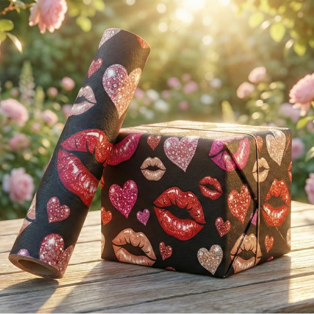 Glamorous Glitter Lips Kisses Black Pop Art  Presentpapper (Skapare uppladdad)