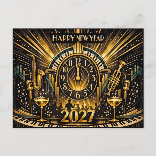 Glamorous Gold Art Deco New Year Jazz Celebration Helg Vykort (Framsida)