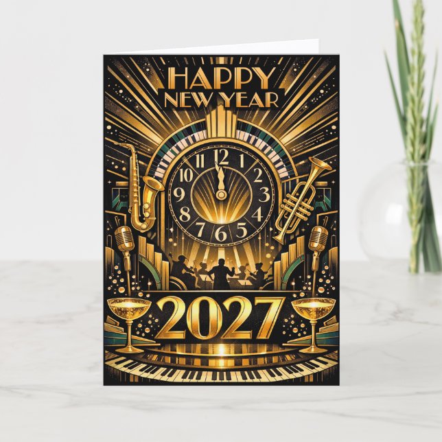 Glamorous Gold Art Deco New Year Jazz Celebration Helgkort (Framsida)