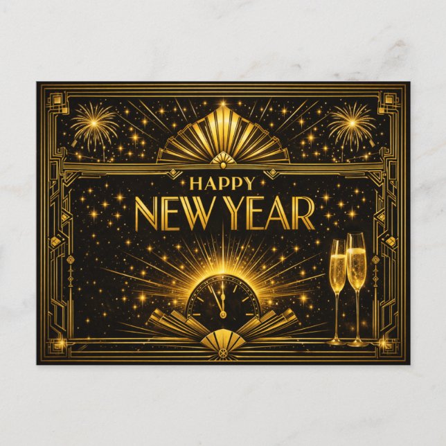 Glamorous Gold Black Art Deco New Year Helg Vykort (Framsida)
