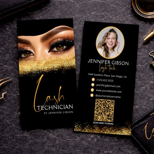 Glamorous Gold & Black Lash Tech QR Code  Visitkort (Skapare uppladdad)