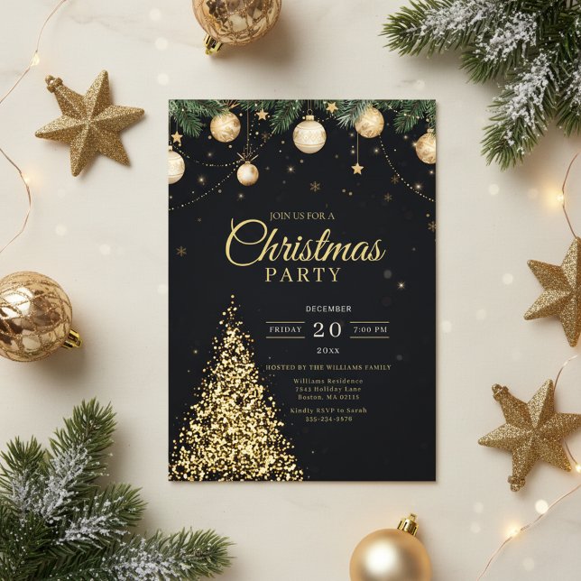 Glamorous Gold Christmas Tree Party Invite Inbjudningar (Gold Christmas Tree)