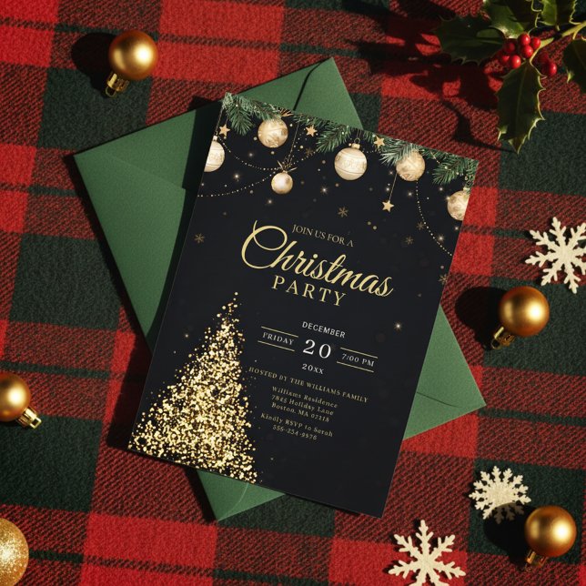 Glamorous Gold Christmas Tree Party Invite Inbjudningar (Modern Holiday Invitation)