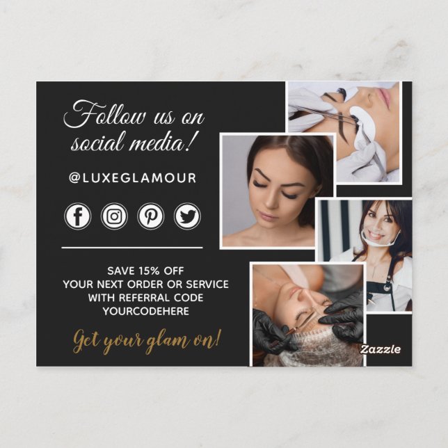 Glamorous Gold Eye Lash Brow Bar 4-Foto Marknadsfö Vykort (Baksida)