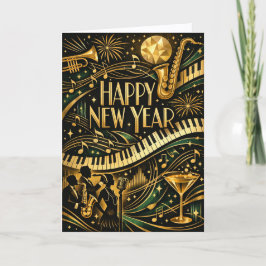 Glamorous Gold Jazz Art Deco New Year Helgkort