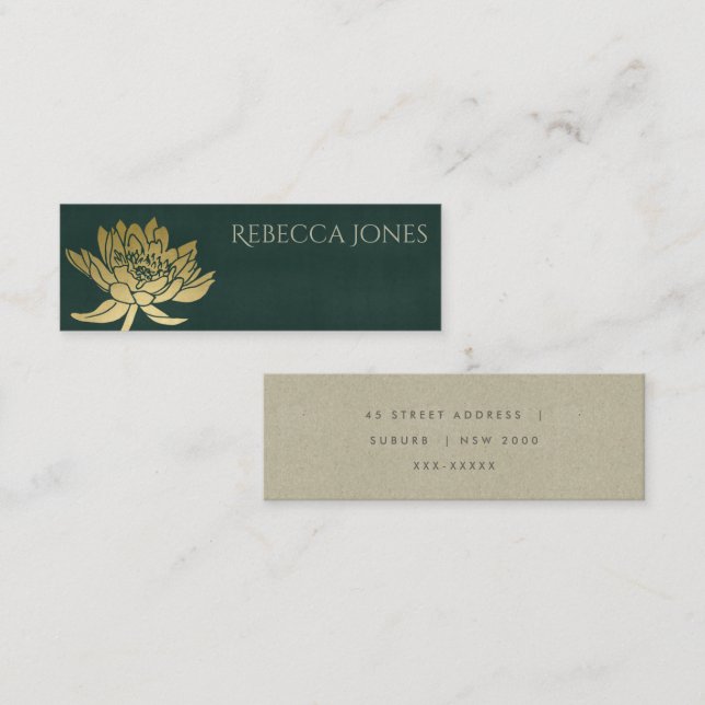 GLAMOROUS GULD MÖRK GRÖNT LOTUS BLOMMIGT ADRESS MINI VISITKORT (Fram/baksida)