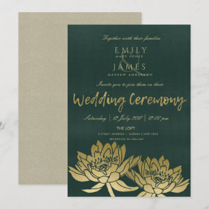 GLAMOROUS GULD MÖRK GRÖNT LOTUS BLOMMIGT BRÖLLOP INBJUDNINGAR