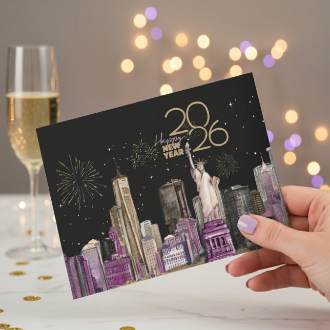 Glamorous NYC New Year Card 2026 | Black & Purple  Helgkort (Glamorous NYC New Year Card 2026 | Black & Purple )