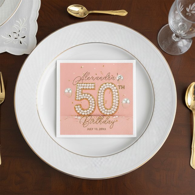 Glamorous Pearly Soft Pink and Gold 50th Birthday Pappersservett (Skapare uppladdad)