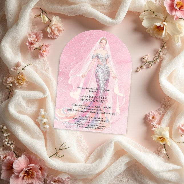 Glamorous Pink Glitter Mermaid Style Bride Dressed Inbjudningar (Glamorous Pink Glitter Mermaid Style Bride Dressed Bridal Shower Wedding Invitations Design. )