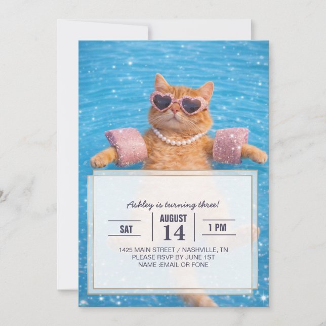    Glamorous Poolside Cat Floating In Style        Inbjudningar (Framsida)