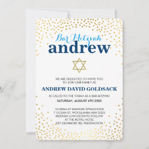 GLAMOROUS PUB MITZVAH rustic guld konetti blått Inbjudningar