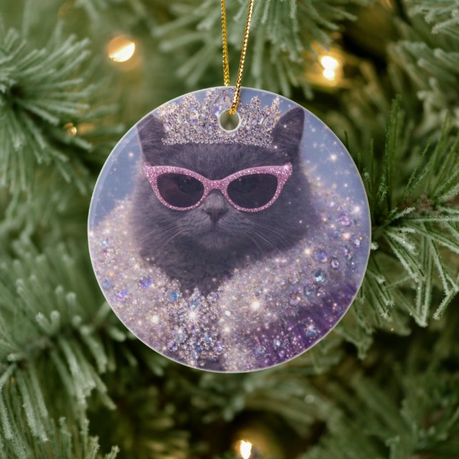 Glamorous Queen Cat Sparkling Fantasy Portrait     Julgransprydnad Keramik (Träd)