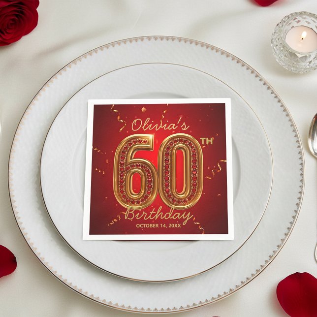  Glamorous Ruby Red Gold Jewel 60th Birthday Pappersservett (Skapare uppladdad)