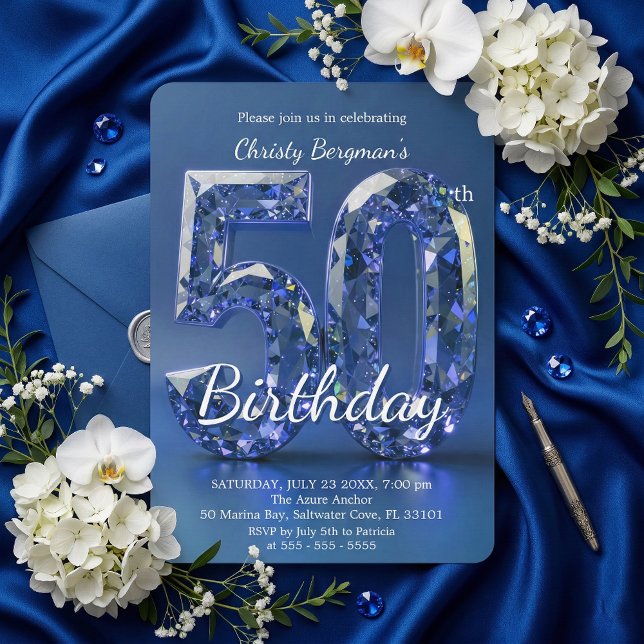 Glamorous Sapphire Blue Diamond 50th Birthday Inbjudningar (Skapare uppladdad)