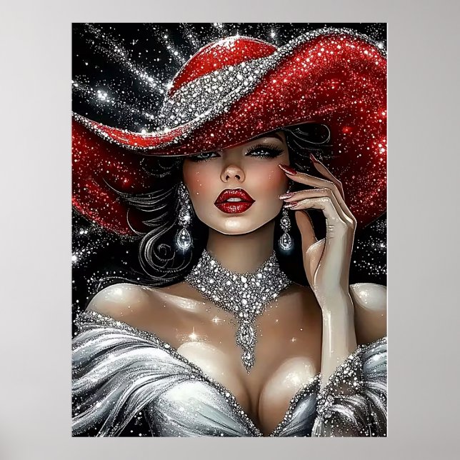 Glamorous Sparkle Lady in Red Hat Poster (Framsidan)
