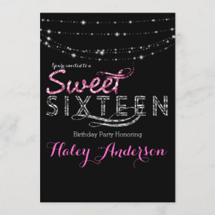 Glamour Glitter Ljus SWEET 16 Party Rosa Svart Inbjudningar
