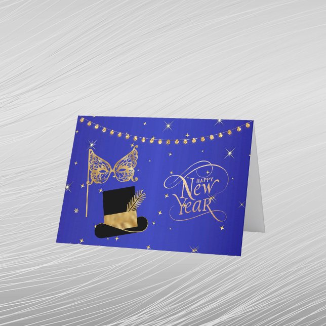 Glamour Guld Blå Mask Hatt Nyår Helgkort (Skapare uppladdad)