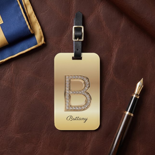 Glamour Guld Diamant Monogram Initial Bokstav B Bagagebricka (Skapare uppladdad)