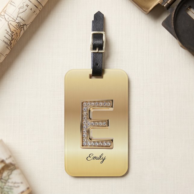 Glamour Guld Diamant Monogram Initial Bokstav E Bagagebricka (Skapare uppladdad)