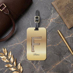Glamour Guld Diamant Monogram Initial Bokstav F Bagagebricka