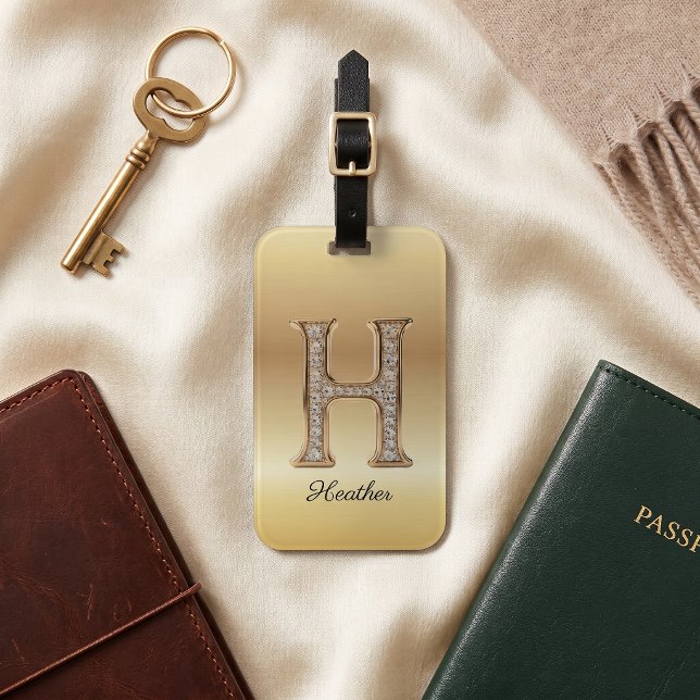 Glamour Guld Diamant Monogram Initial Bokstav H Bagagebricka (Skapare uppladdad)