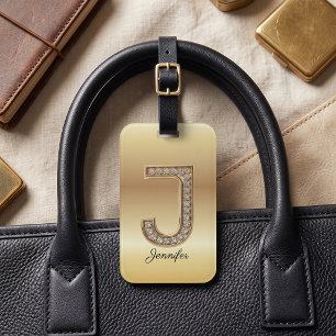 Glamour Guld Diamant Monogram Initial Bokstav J Bagagebricka