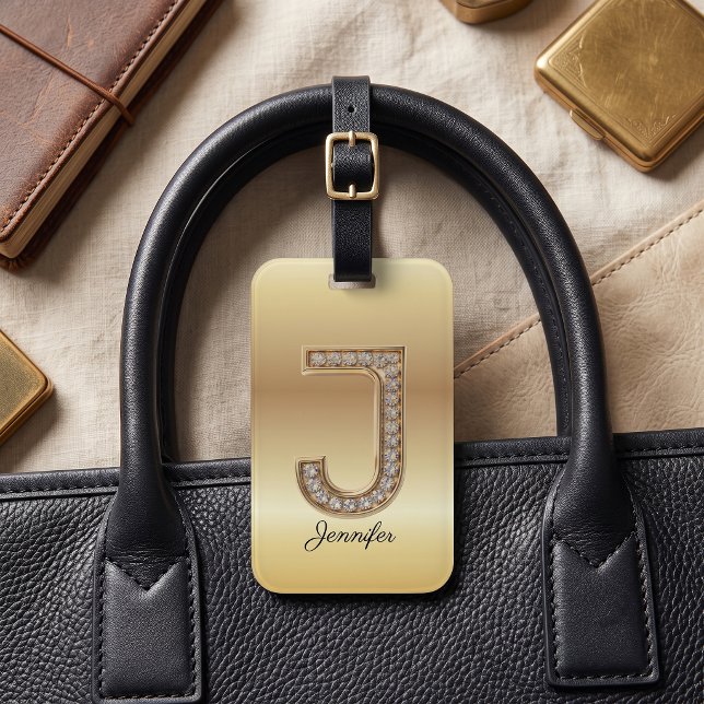 Glamour Guld Diamant Monogram Initial Bokstav J Bagagebricka (Skapare uppladdad)
