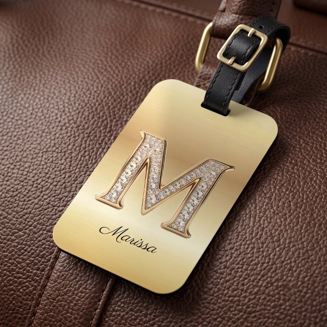 Glamour Guld Diamant Monogram Initial Bokstav M Bagagebricka (Skapare uppladdad)
