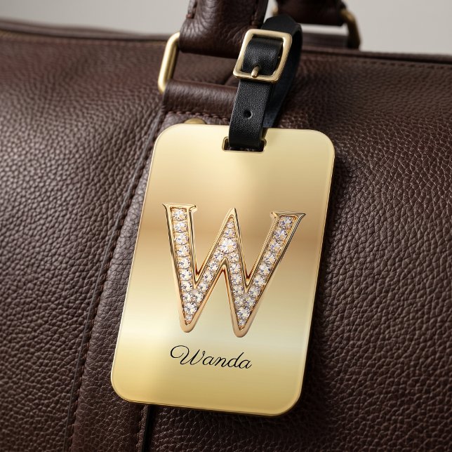 Glamour Guld Diamant Monogram Initial Bokstav W Bagagebricka (Skapare uppladdad)
