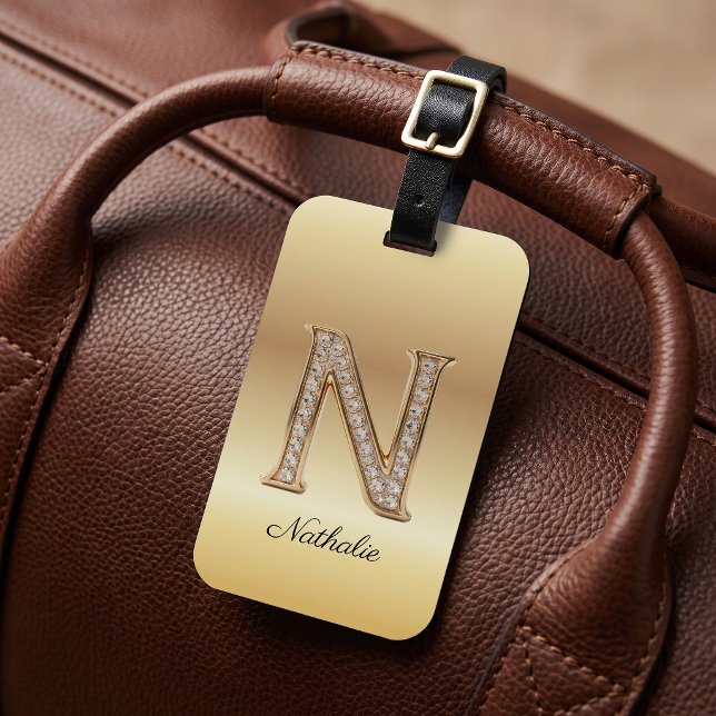 Glamour Guld Diamant Monogram Initialbokstav N Bagagebricka (Skapare uppladdad)