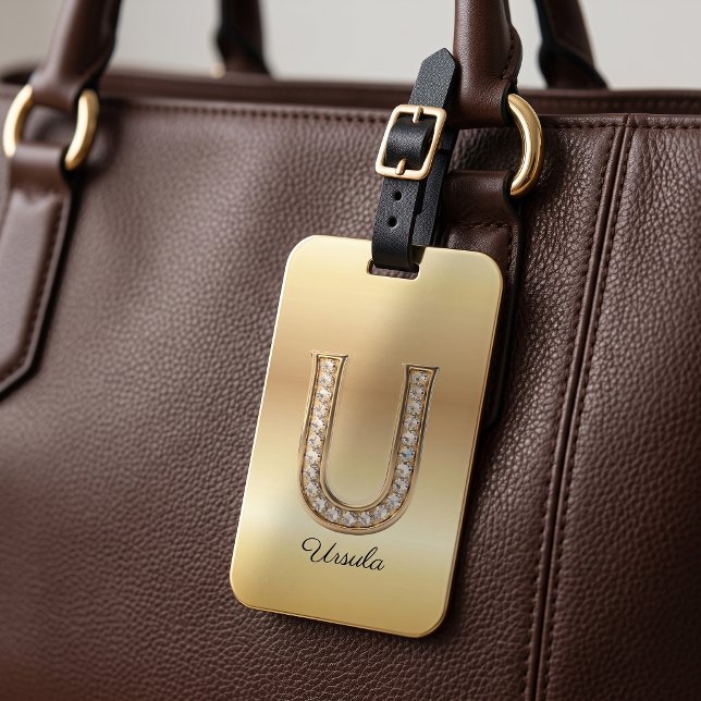 Glamour Guld Diamant Monogram Initialbokstav U Bagagebricka (Skapare uppladdad)
