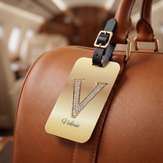 Glamour Guld Diamant Monogram Initialbokstav V Bagagebricka (Skapare uppladdad)