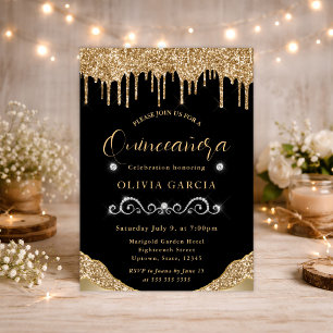 Glamour Guld Droppande Glitter Quinceanera Inbjudningar