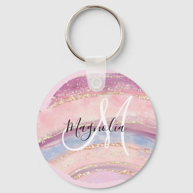 Glamour Guld Rosa Blå Ädelsten Penseldrag Monogram Nyckelring (Framsida)