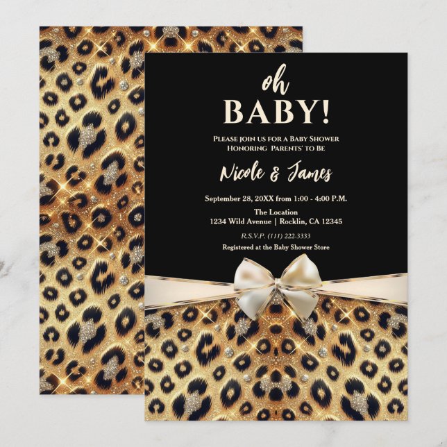 Glamour Guld Svart Leoprint Baby Shower Inbjudningar (Fram/baksida)