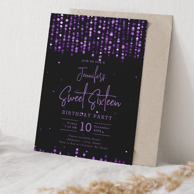 Glamour lila fallande stjärnor Sweet 16 födelsedag Inbjudningar (Glam Purple Falling Stars Sweet 16 Birthday Party Invitation)