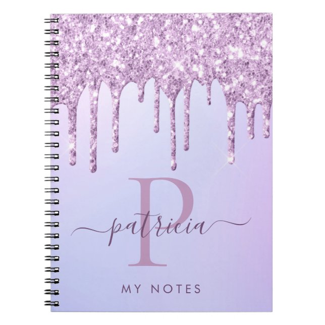 Glamour lila glitterdropar Elegant monogram Anteckningsbok (Framsidan)