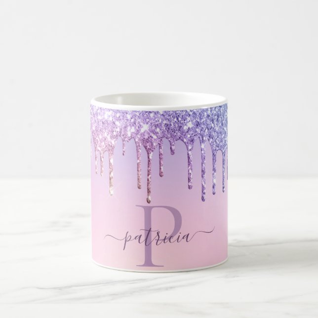 Glamour lila glitterdroppar Elegant monogram Kaffemugg (Center)